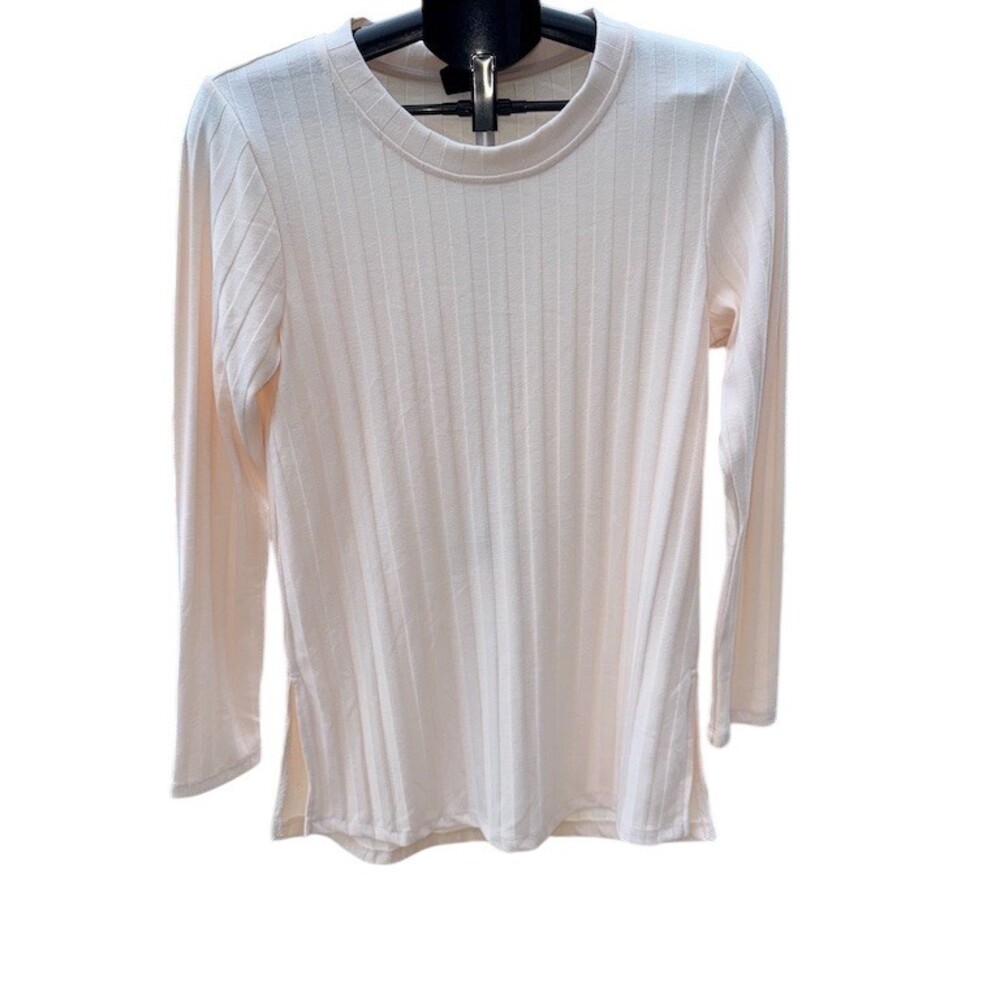 Bobeau Top Womens Size M Ivory Ribbed Knit Long Sleeve Crew Neck Stretch